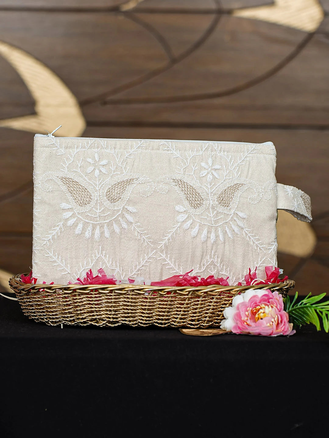 Ada Hand Embroidered Fawn Tissue Lucknowi Chikankari Pouch with Zari Work 01A965113