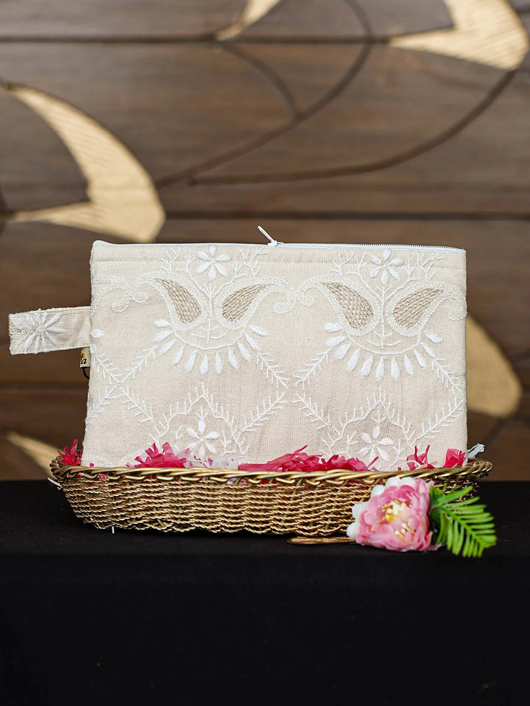 Ada Hand Embroidered Fawn Tissue Lucknowi Chikankari Pouch with Zari Work 01A965113