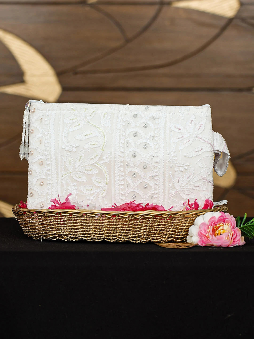Ada Hand Embroidered White Viscose Georgette Lucknowi Chikankari Pouch with Cutdana Work 01A913125