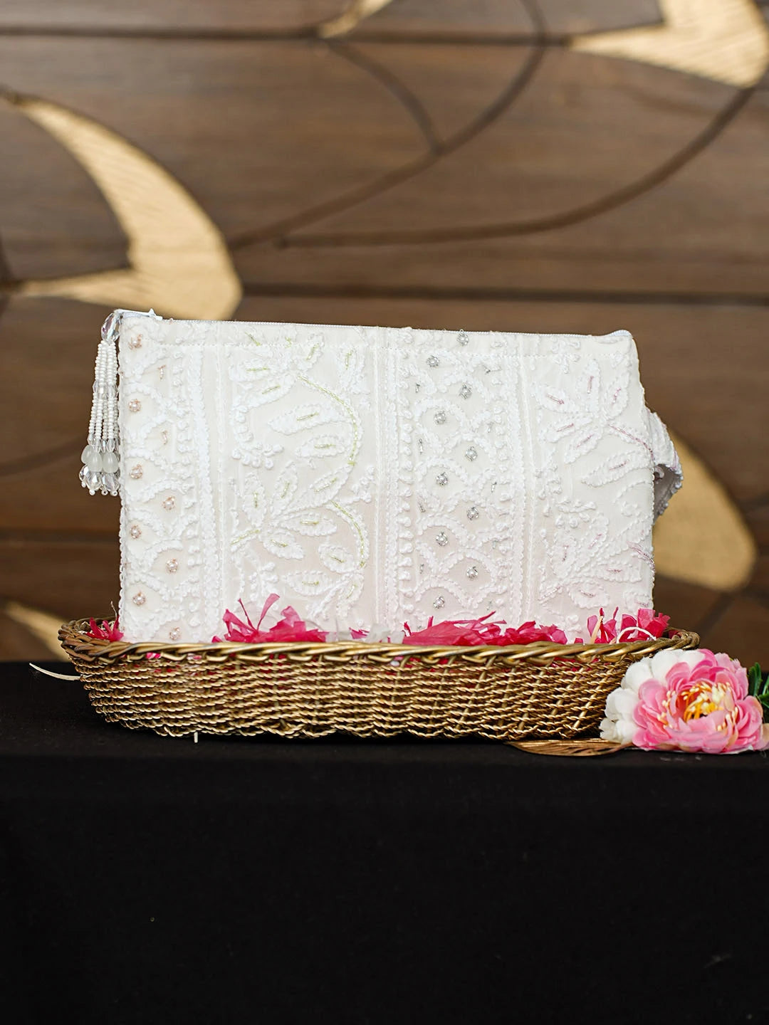 Ada Hand Embroidered White Viscose Georgette Lucknowi Chikankari Pouch with Cutdana Work 01A913125