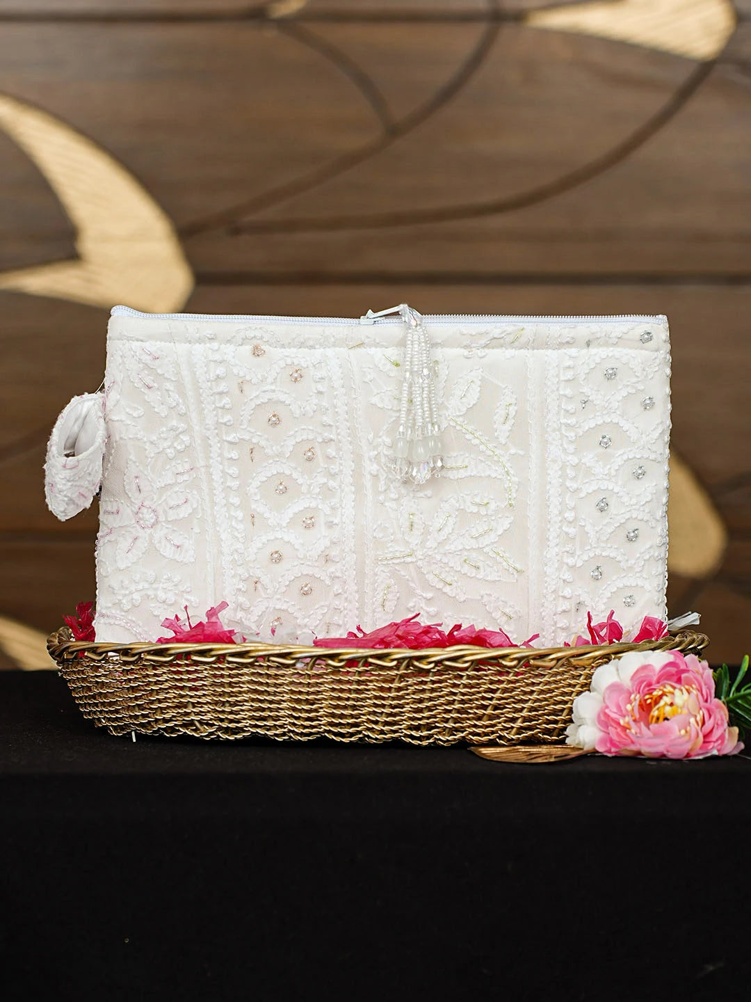 Ada Hand Embroidered White Viscose Georgette Lucknowi Chikankari Pouch with Cutdana Work 01A913125