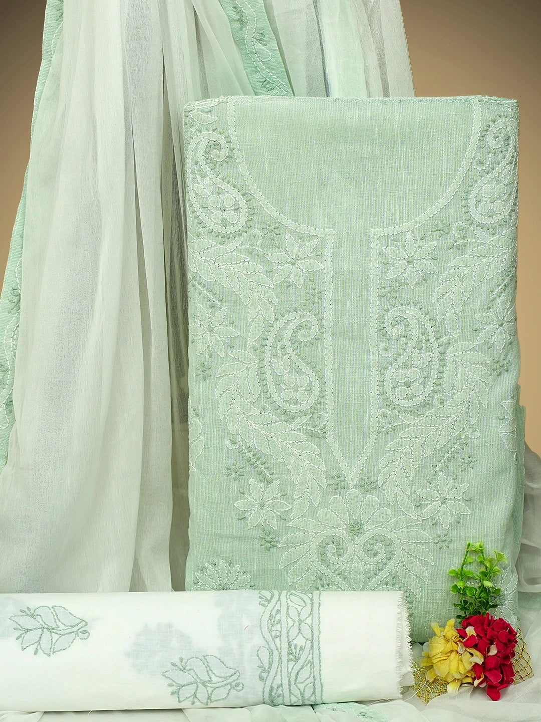 Ada Hand Embroidered Celadon Green Linen Lucknowi Chikankari Unstitched Suit Piece with Chiffon Dupatta 01A885316