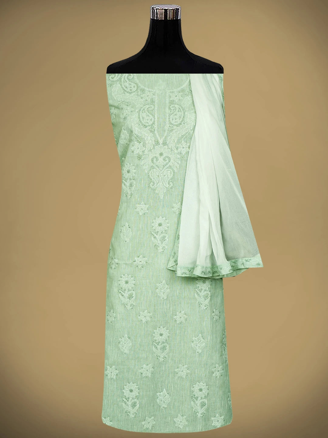 Ada Hand Embroidered Celadon Green Linen Lucknowi Chikankari Unstitched Suit Piece with Chiffon Dupatta 01A885316