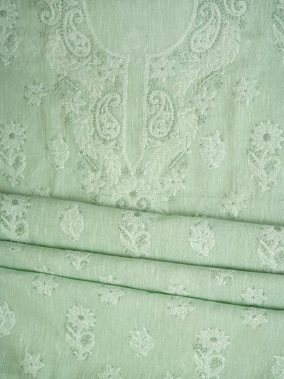 Ada Hand Embroidered Celadon Green Linen Lucknowi Chikankari Unstitched Suit Piece with Chiffon Dupatta 01A885316