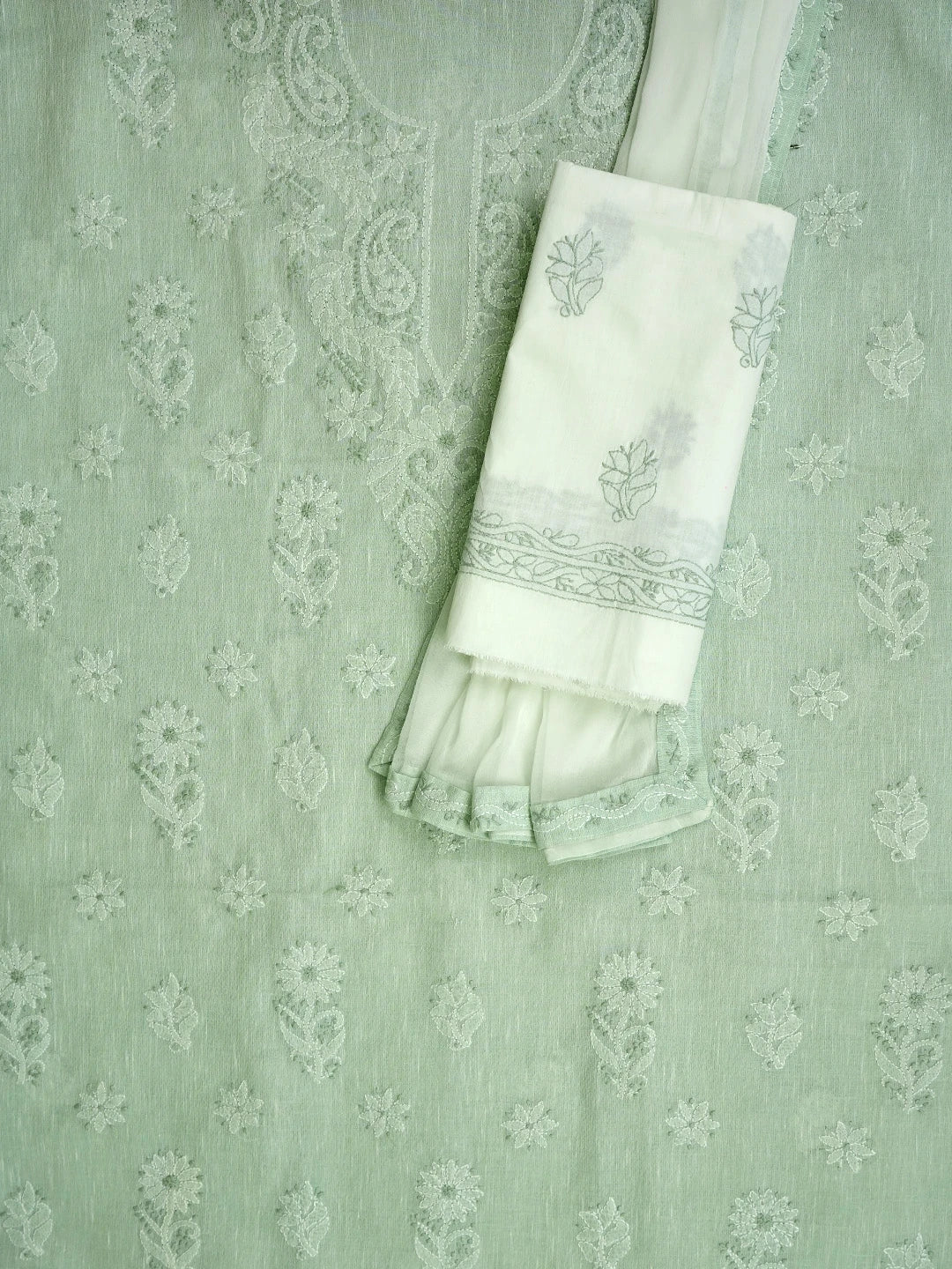 Ada Hand Embroidered Celadon Green Linen Lucknowi Chikankari Unstitched Suit Piece with Chiffon Dupatta 01A885316