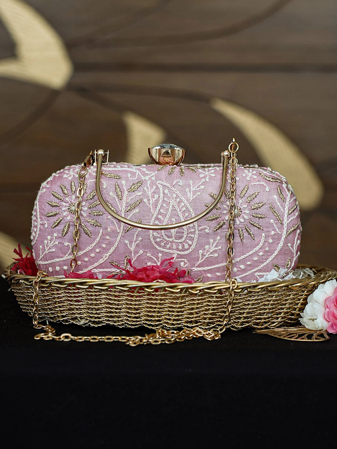 Ada Hand Embroidered Pink Silk Lucknowi Chikankari Clutch With Zari Work 01A925582