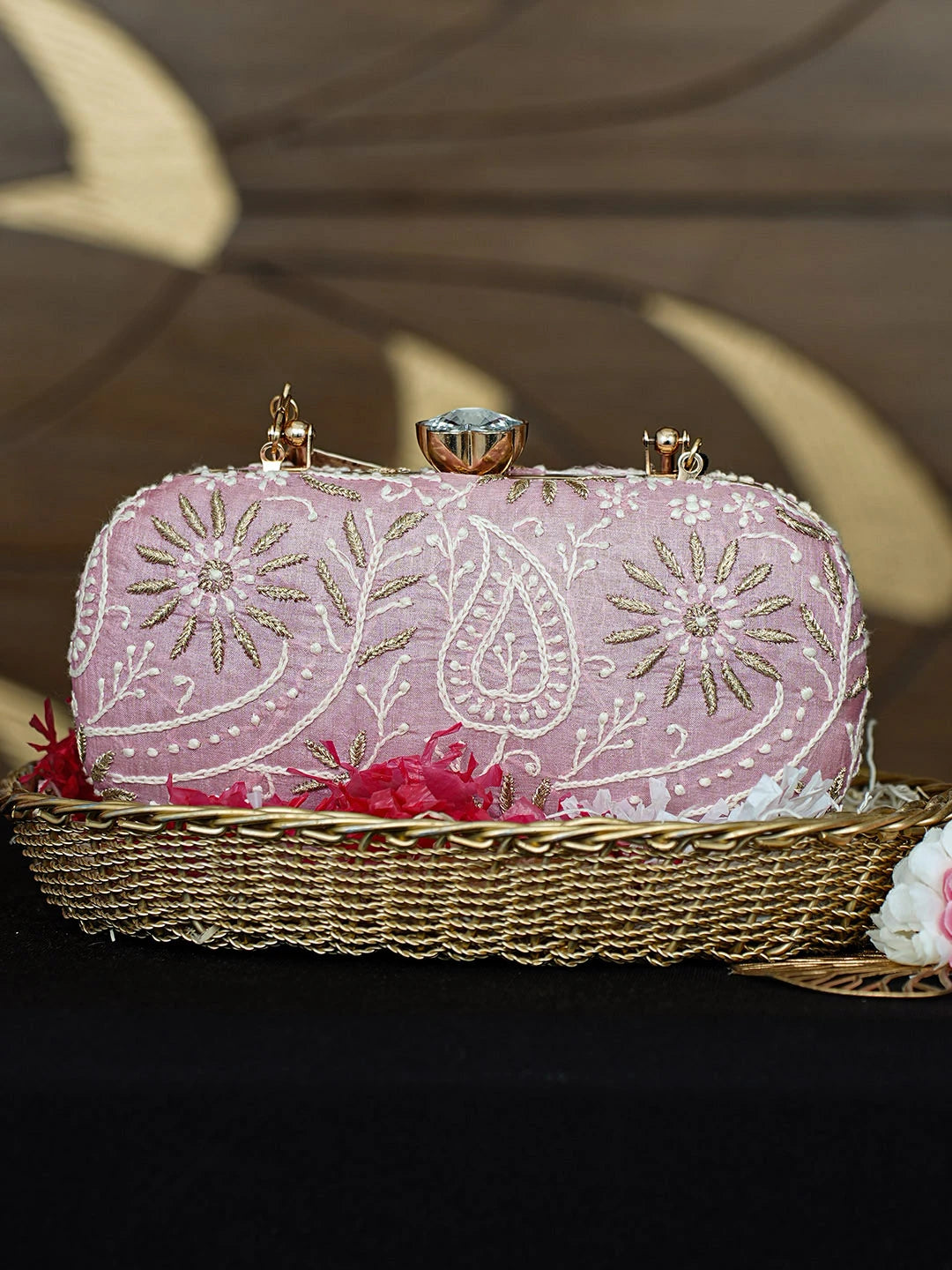 Ada Hand Embroidered Pink Silk Lucknowi Chikankari Clutch With Zari Work 01A925582