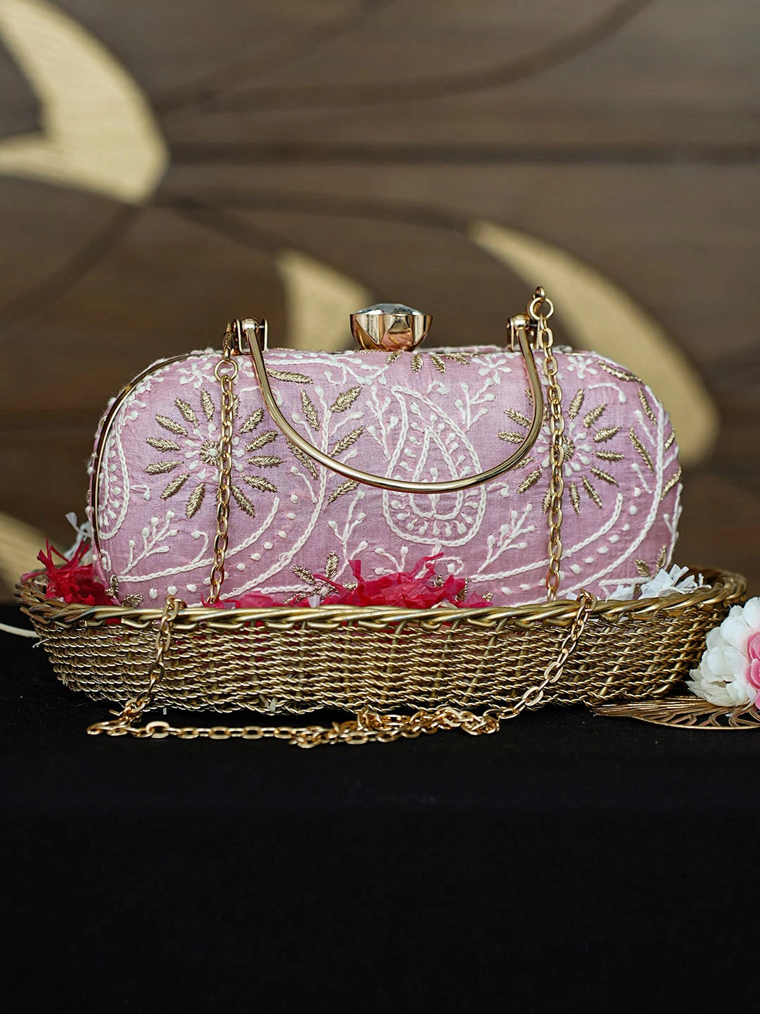 Ada Hand Embroidered Pink Silk Lucknowi Chikankari Clutch With Zari Work 01A925582