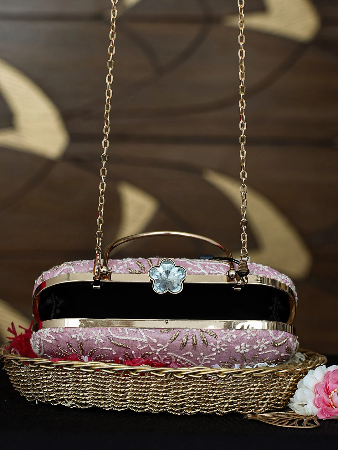 Ada Hand Embroidered Pink Silk Lucknowi Chikankari Clutch With Zari Work 01A925582