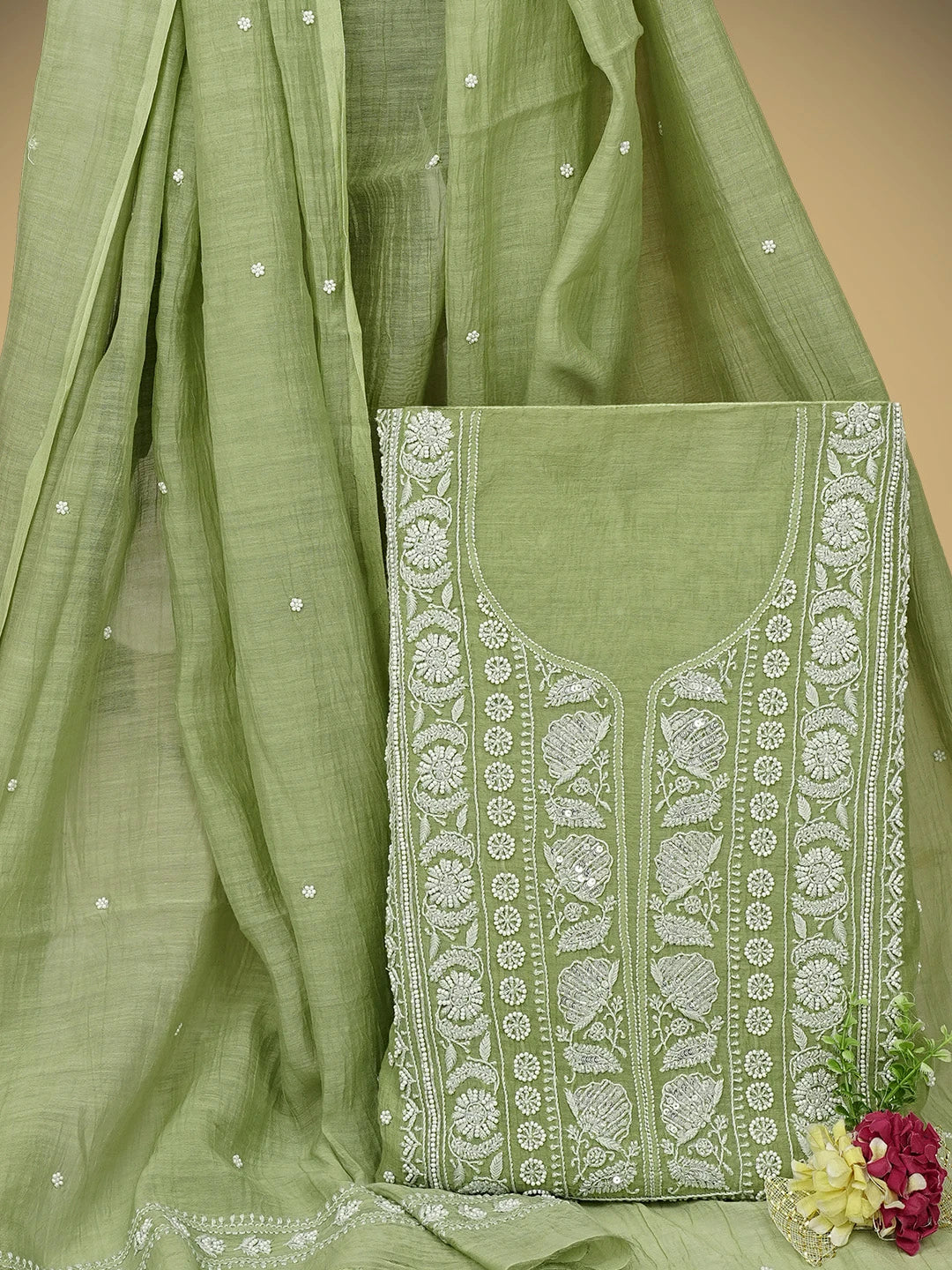 Ada Hand Embroidered Willow Green Chanderi Lucknowi Chikankari Semi-stitched Kurta Dupatta Set With Cutdana Work 01A969432