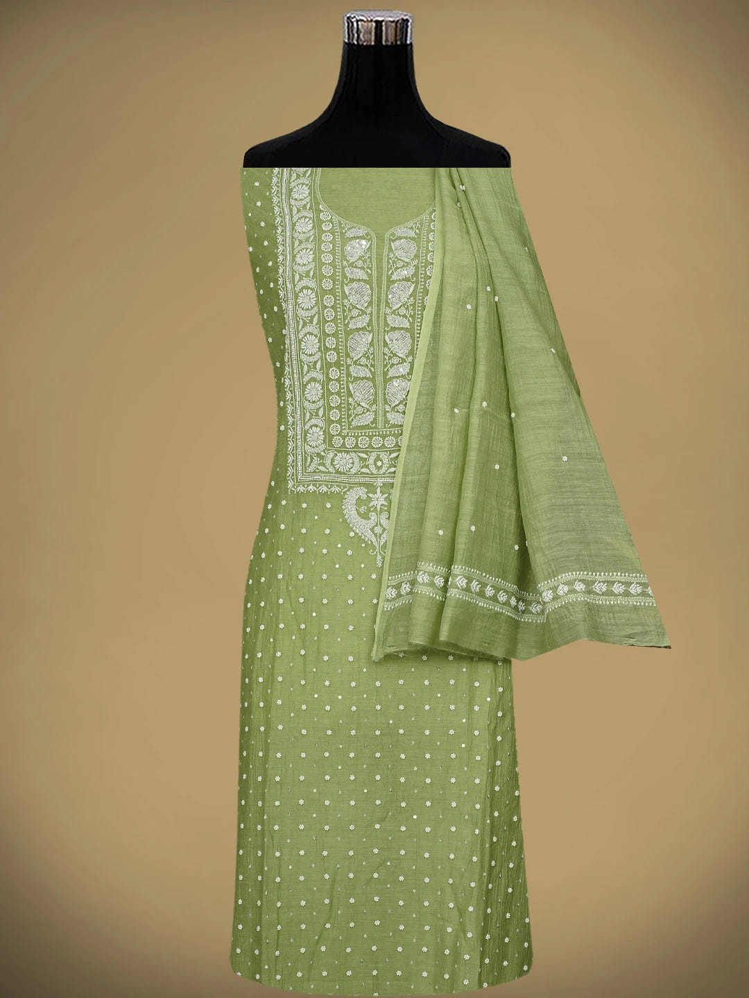 Ada Hand Embroidered Willow Green Chanderi Lucknowi Chikankari Semi-stitched Kurta Dupatta Set With Cutdana Work 01A969432