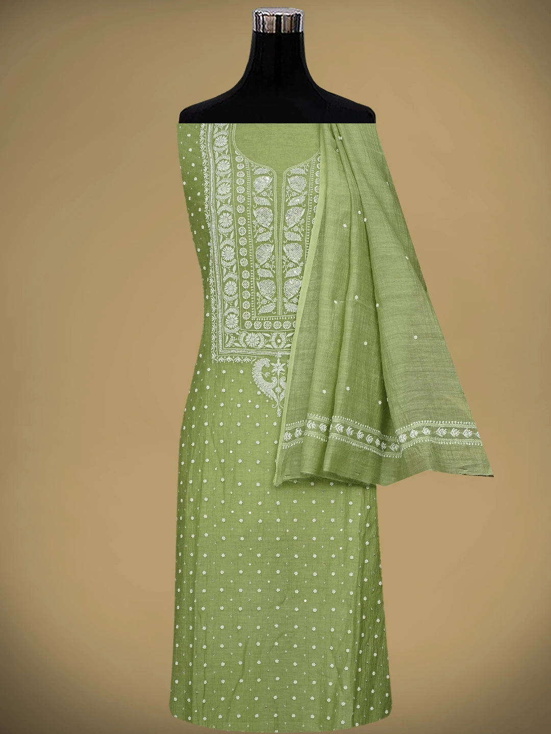 Ada Hand Embroidered Willow Green Chanderi Lucknowi Chikankari Semi-stitched Kurta Dupatta Set With Cutdana Work 01A969432
