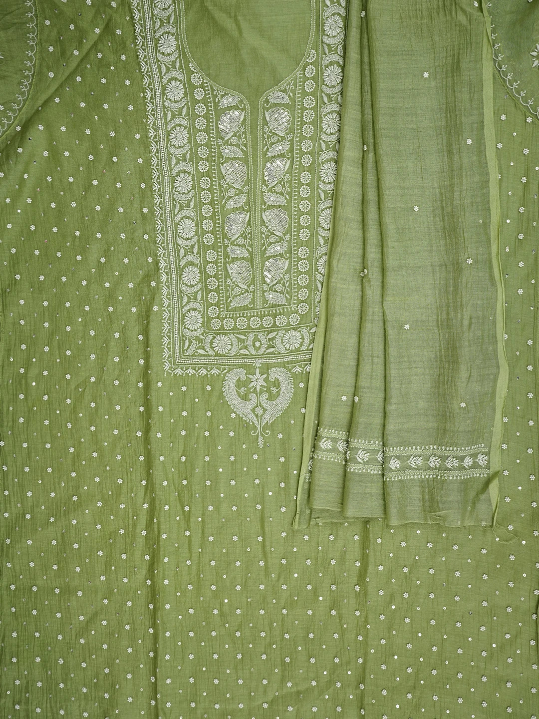 Ada Hand Embroidered Willow Green Chanderi Lucknowi Chikankari Semi-stitched Kurta Dupatta Set With Cutdana Work 01A969432