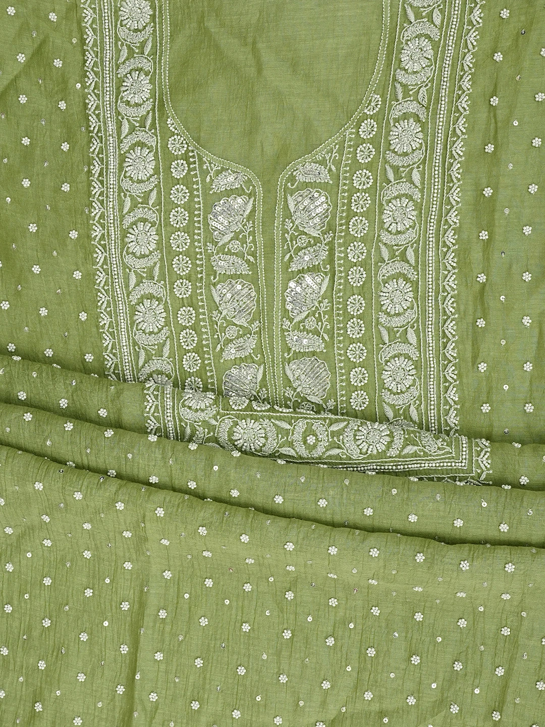 Ada Hand Embroidered Willow Green Chanderi Lucknowi Chikankari Semi-stitched Kurta Dupatta Set With Cutdana Work 01A969432