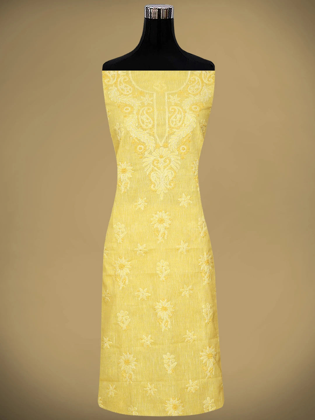 Ada Hand Embroidered Jasmine Yellow Linen Lucknowi Chikankari Unstitched Suit Piece with Chiffon Dupatta 01A867655