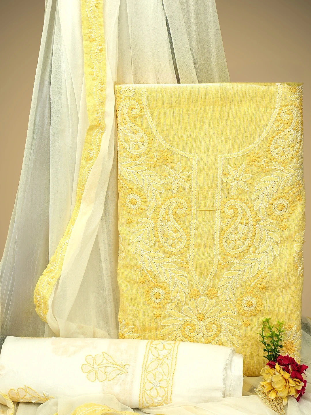 Ada Hand Embroidered Jasmine Yellow Linen Lucknowi Chikankari Unstitched Suit Piece with Chiffon Dupatta 01A867655