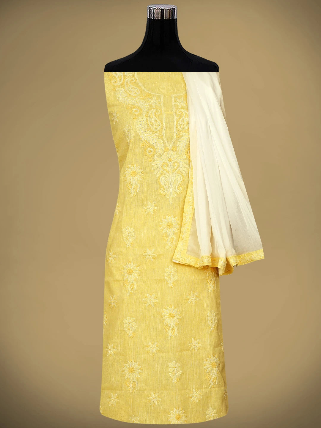 Ada Hand Embroidered Jasmine Yellow Linen Lucknowi Chikankari Unstitched Suit Piece with Chiffon Dupatta 01A867655