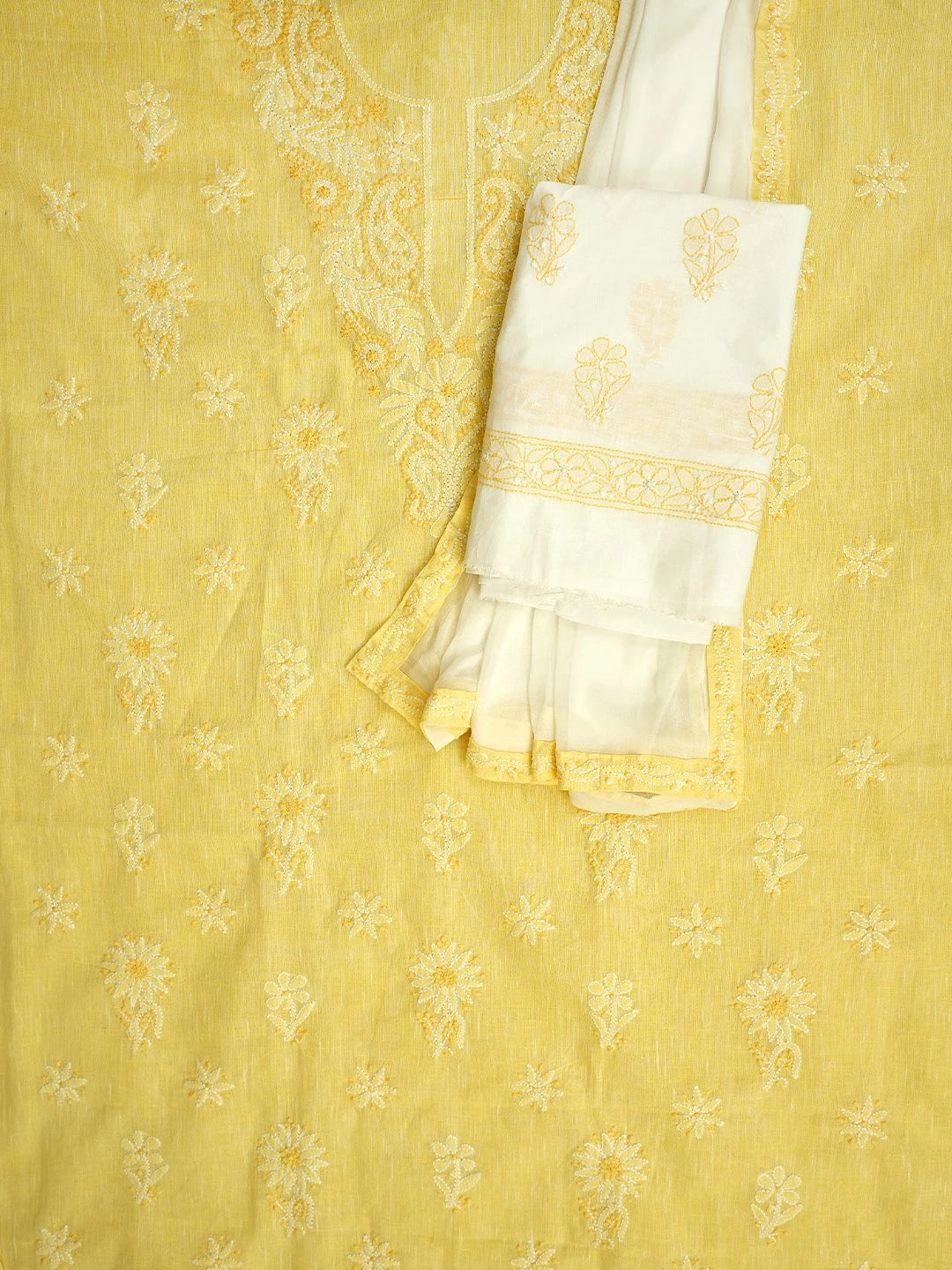 Ada Hand Embroidered Jasmine Yellow Linen Lucknowi Chikankari Unstitched Suit Piece with Chiffon Dupatta 01A867655