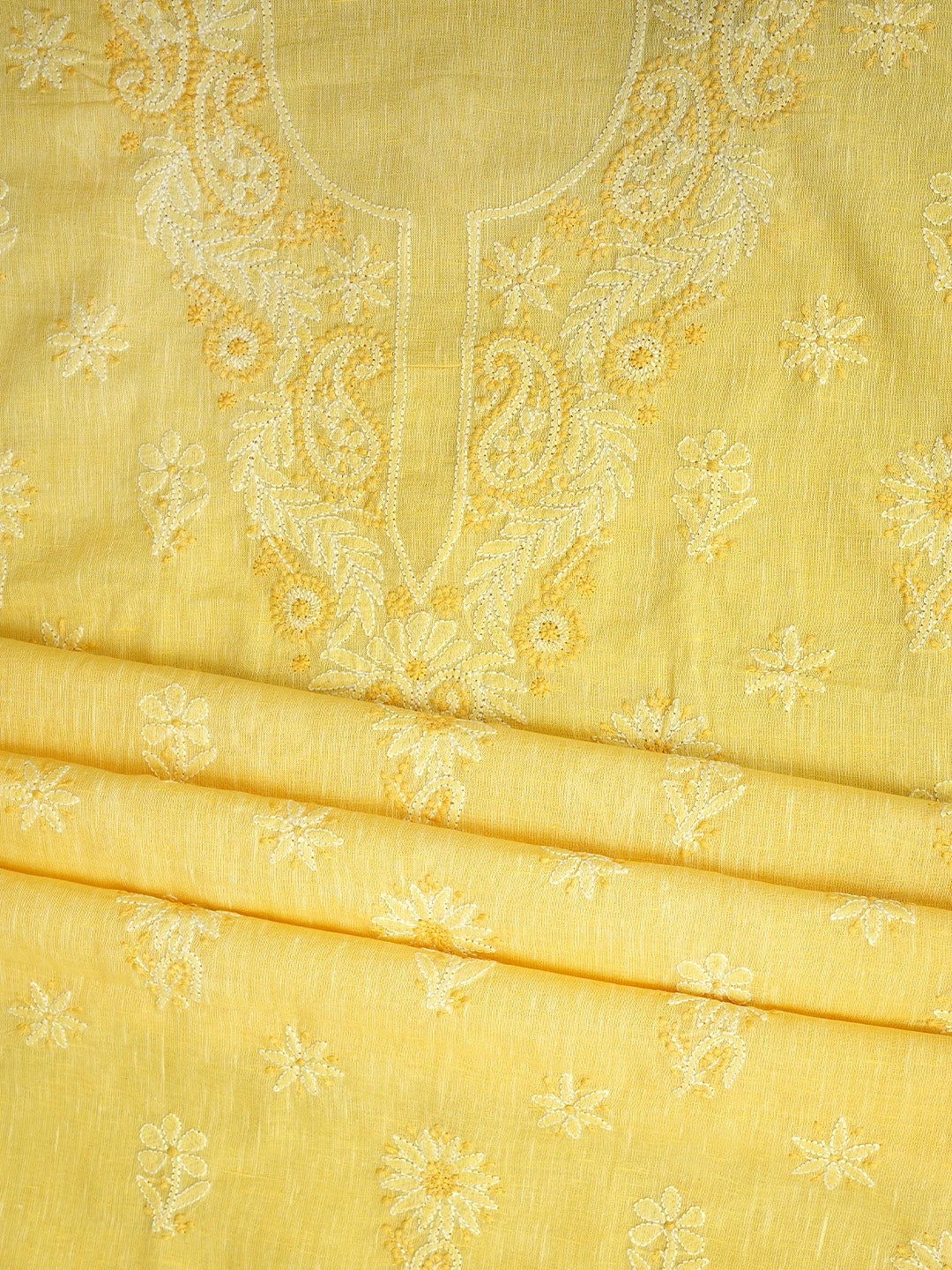 Ada Hand Embroidered Jasmine Yellow Linen Lucknowi Chikankari Unstitched Suit Piece with Chiffon Dupatta 01A867655