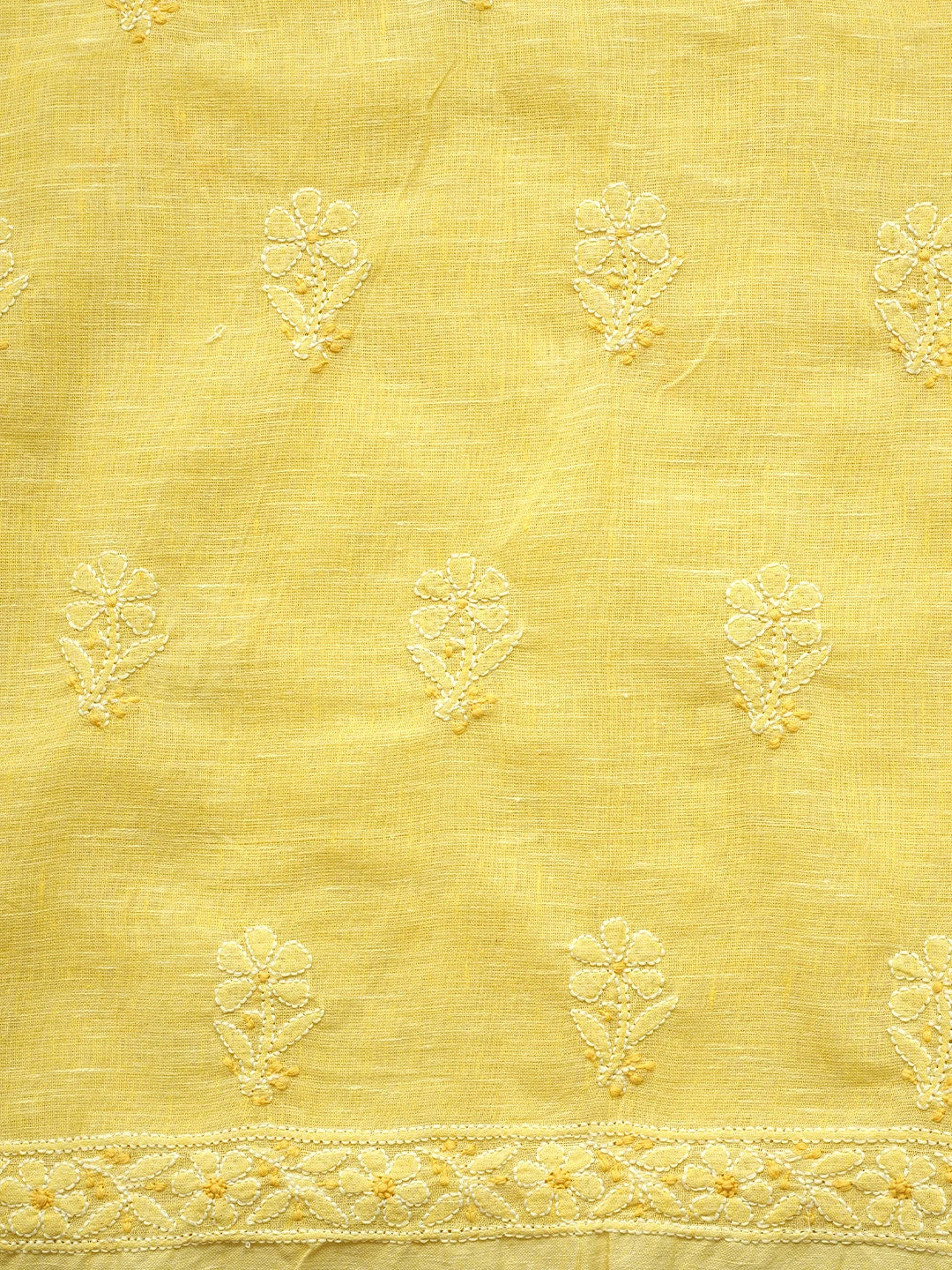 Ada Hand Embroidered Jasmine Yellow Linen Lucknowi Chikankari Unstitched Suit Piece with Chiffon Dupatta 01A867655