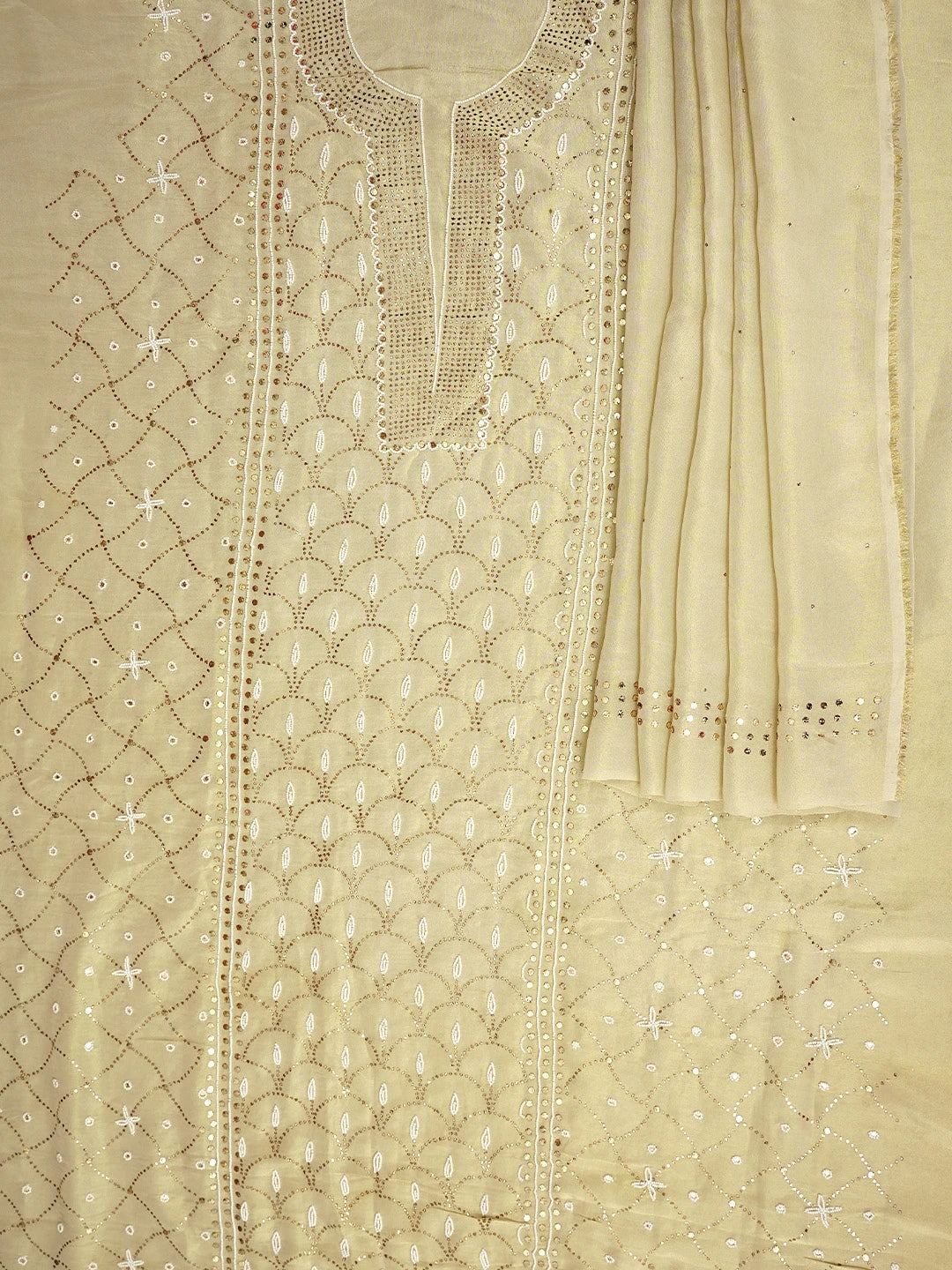 Ada Hand Embroidered Fawn Tissue Lucknowi Chikankari Unstitched Kurta Dupatta Set With Muqaish /Mukaish Work 01A972632
