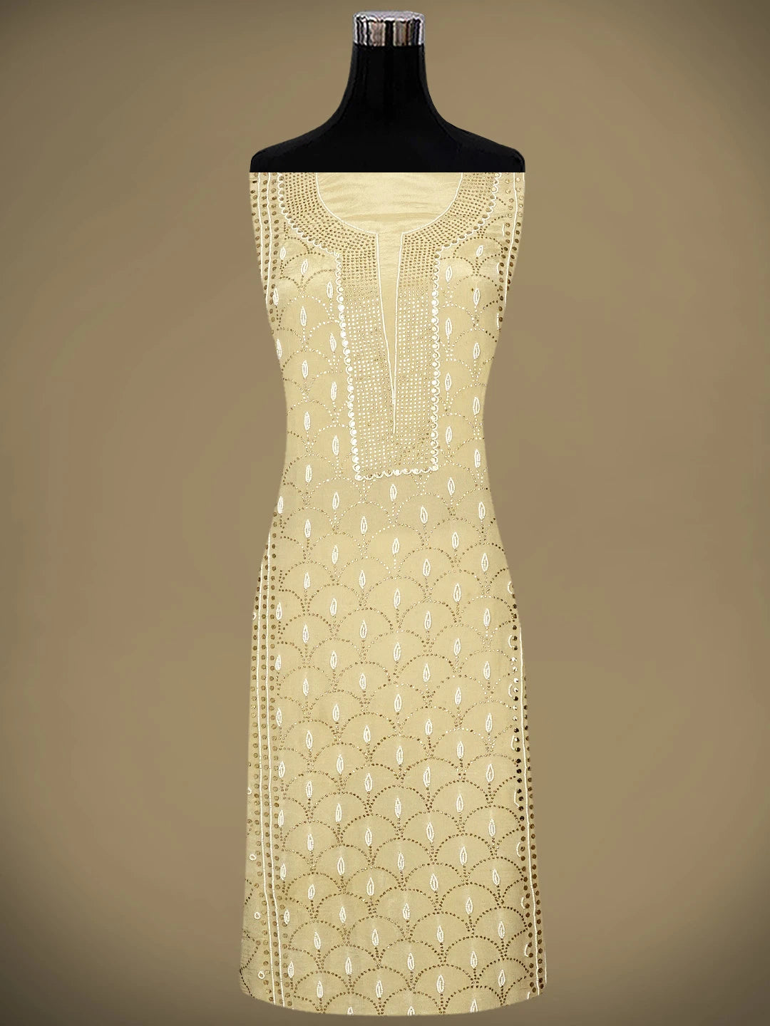 Ada Hand Embroidered Fawn Tissue Lucknowi Chikankari Unstitched Kurta Dupatta Set With Muqaish /Mukaish Work 01A972632