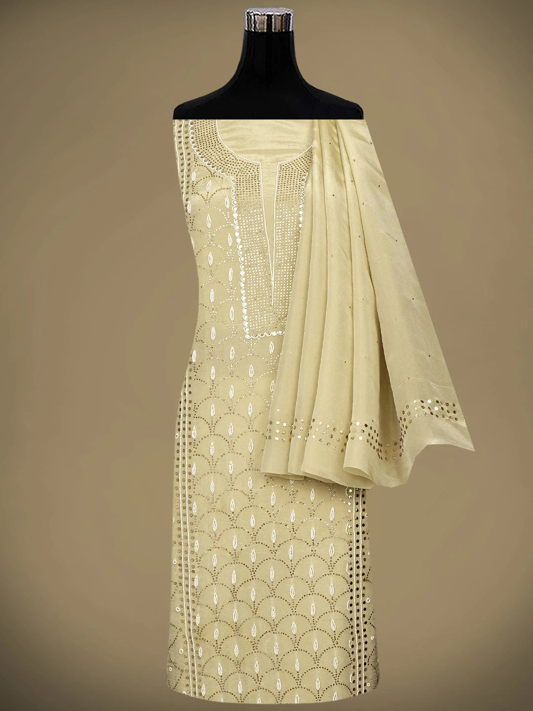 Ada Hand Embroidered Fawn Tissue Lucknowi Chikankari Unstitched Kurta Dupatta Set With Muqaish /Mukaish Work 01A972632