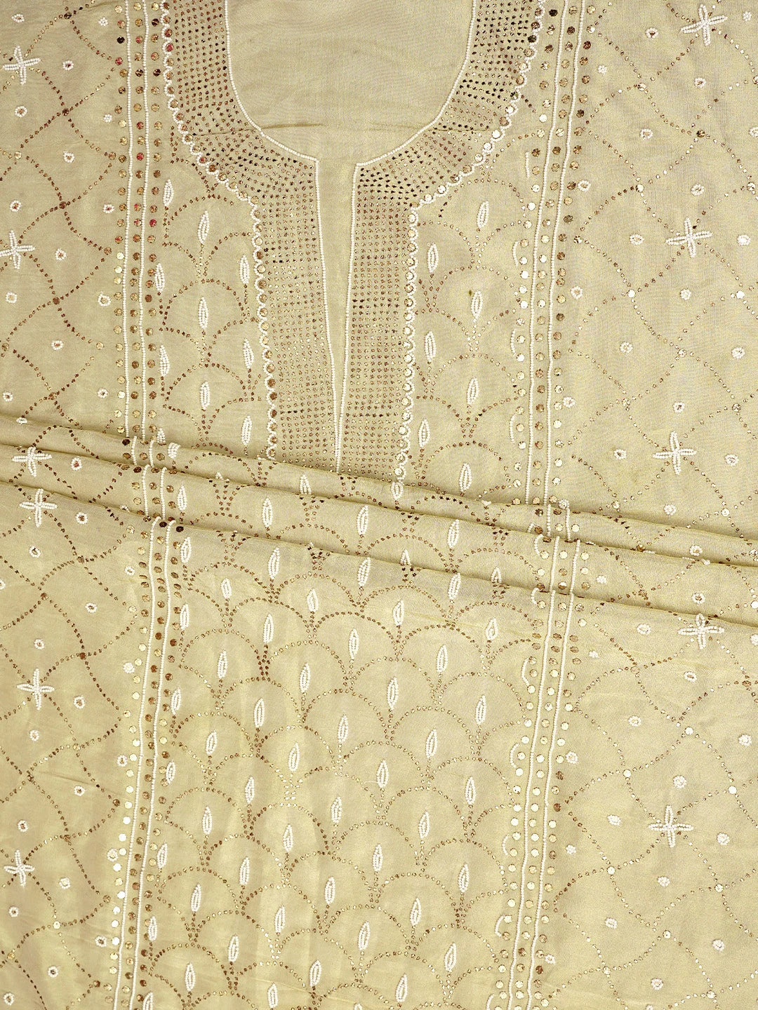 Ada Hand Embroidered Fawn Tissue Lucknowi Chikankari Unstitched Kurta Dupatta Set With Muqaish /Mukaish Work 01A972632