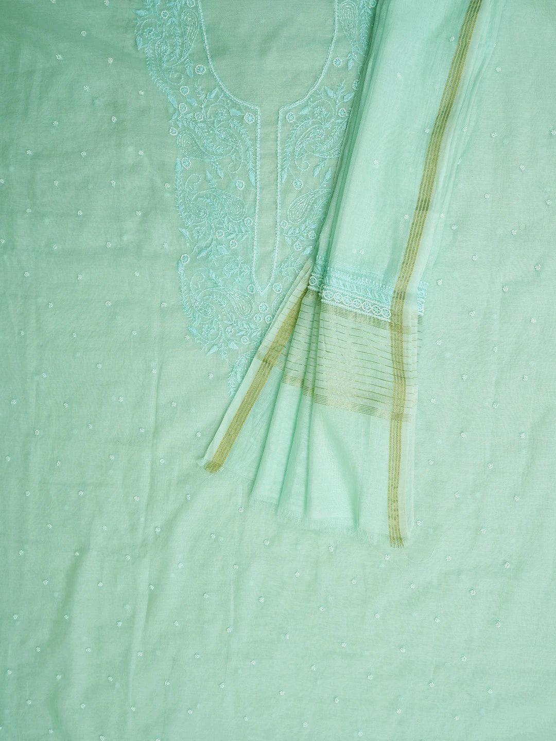 Ada Hand Embroidered Sky Blue Chanderi Lucknowi Chikankari Unstitched Kurta Dupatta Set With Cutdana Work 01A972773