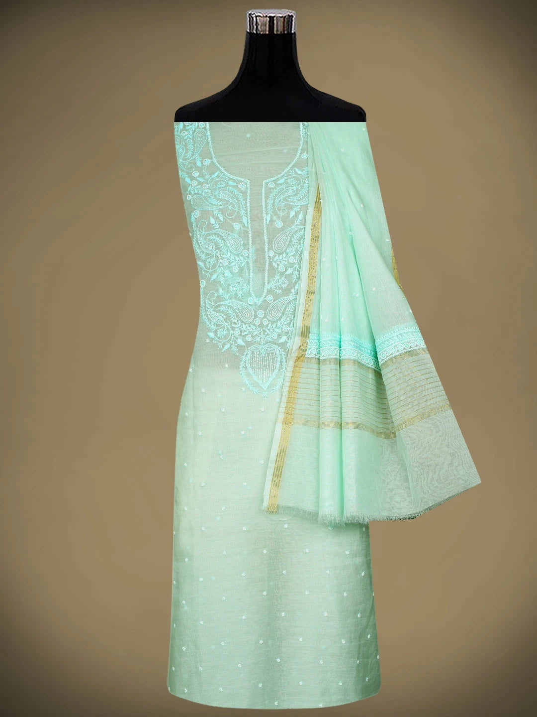 Ada Hand Embroidered Sky Blue Chanderi Lucknowi Chikankari Unstitched Kurta Dupatta Set With Cutdana Work 01A972773