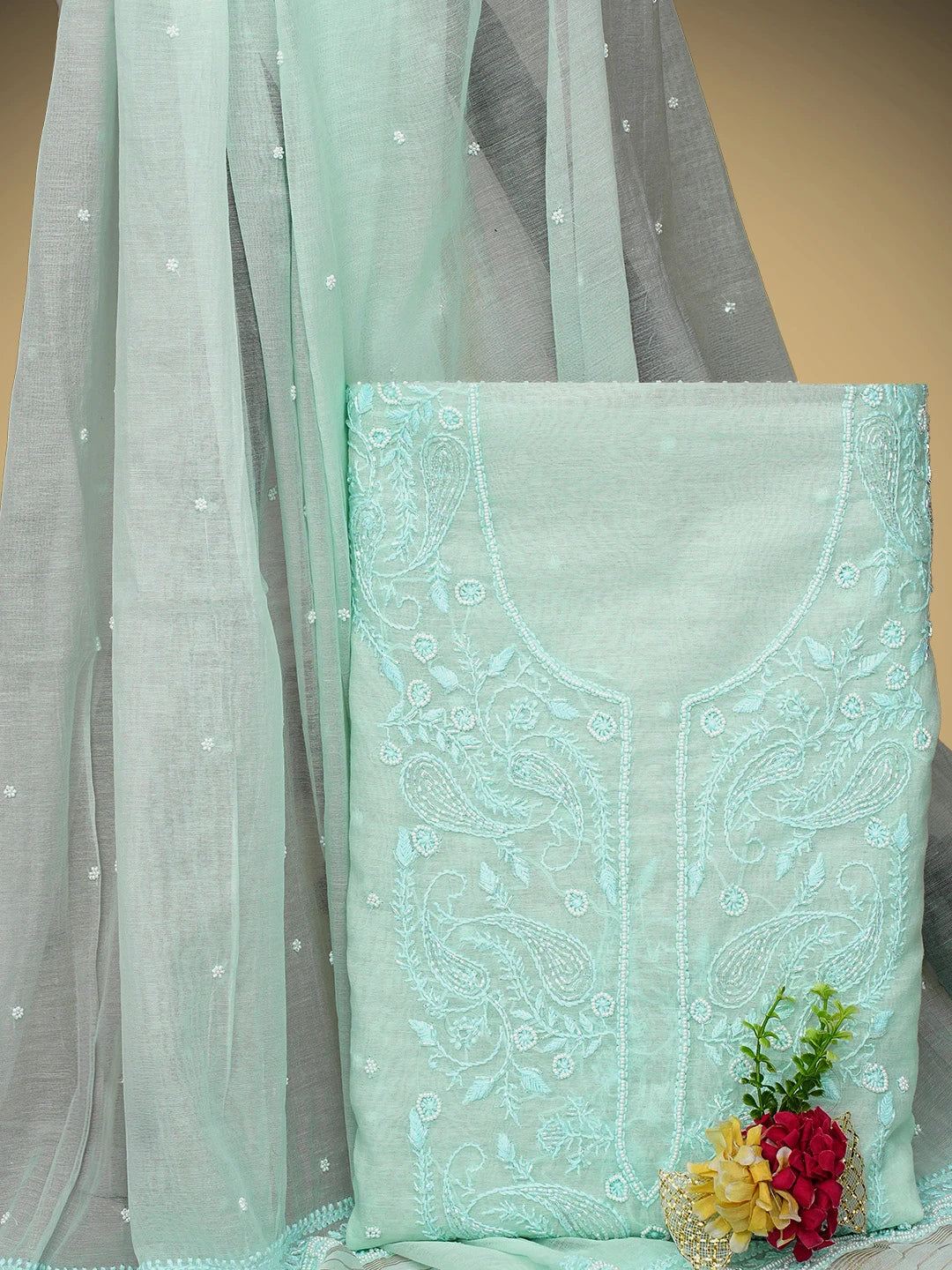 Ada Hand Embroidered Sky Blue Chanderi Lucknowi Chikankari Unstitched Kurta Dupatta Set With Cutdana Work 01A972773