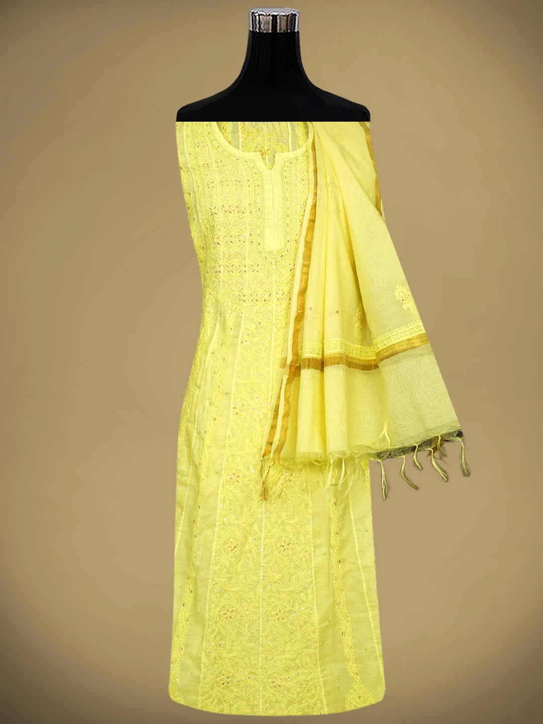 Ada Hand Embroidered Lemon Chanderi Lucknowi Chikankari Semi-Stitched Anarkali Kurta Dupatta Set With Cutdana Work 01A833575