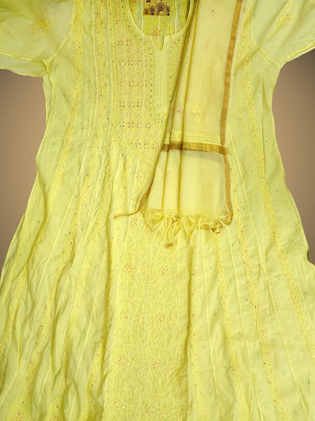 Ada Hand Embroidered Lemon Chanderi Lucknowi Chikankari Semi-Stitched Anarkali Kurta Dupatta Set With Cutdana Work 01A833575