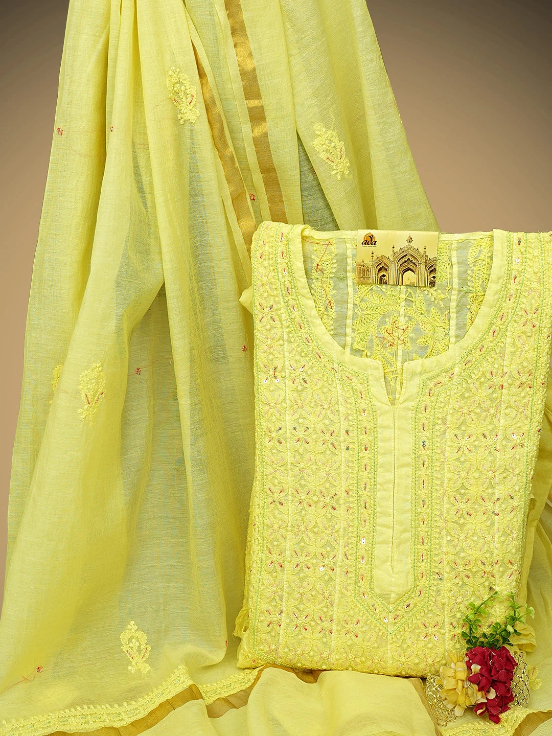 Ada Hand Embroidered Lemon Chanderi Lucknowi Chikankari Semi-Stitched Anarkali Kurta Dupatta Set With Cutdana Work 01A833575
