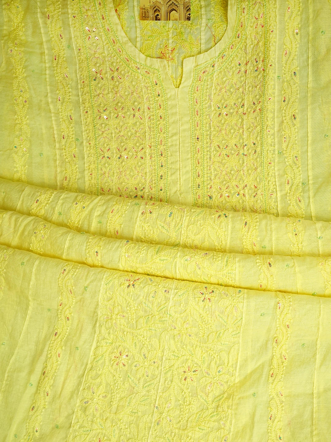 Ada Hand Embroidered Lemon Chanderi Lucknowi Chikankari Semi-Stitched Anarkali Kurta Dupatta Set With Cutdana Work 01A833575