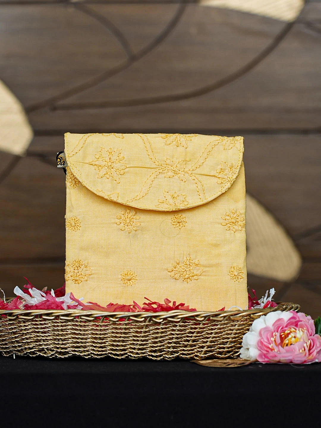 Ada Hand Embroidered Yellow Cotton Lucknowi Chikankari Pouch 01A938466
