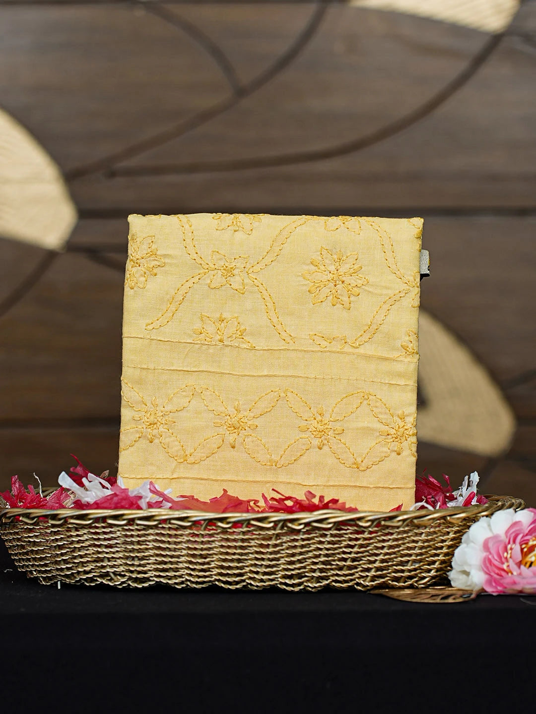 Ada Hand Embroidered Yellow Cotton Lucknowi Chikankari Pouch 01A938466