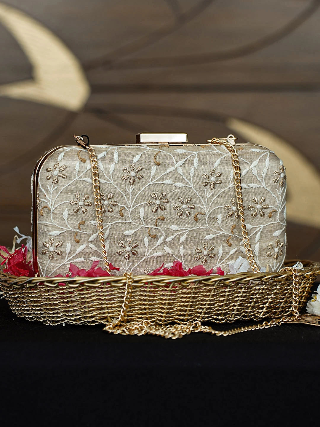 Ada Hand Embroidered Fawn Silk Lucknowi Chikankari Clutch With Zari Work 01A962157