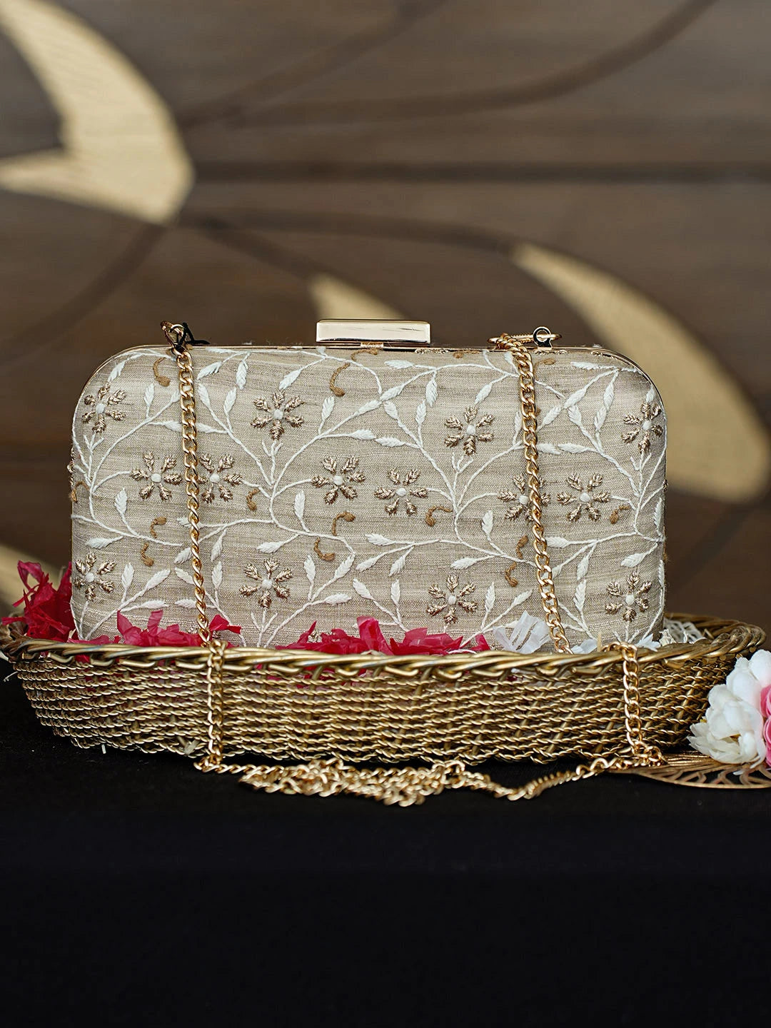 Ada Hand Embroidered Fawn Silk Lucknowi Chikankari Clutch With Zari Work 01A962157