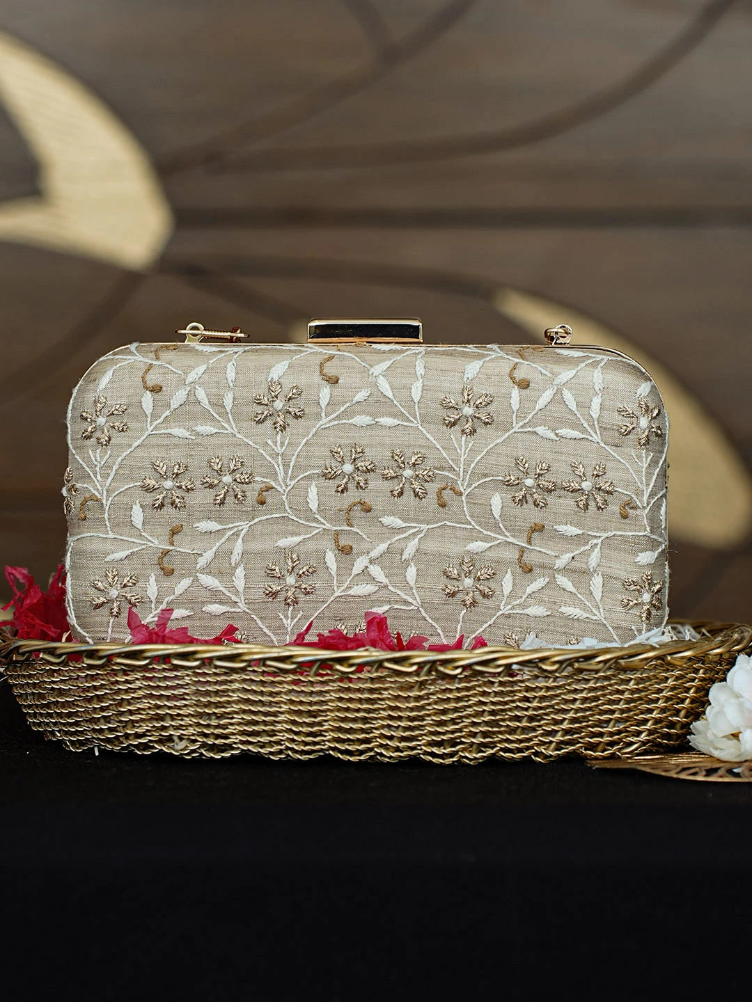 Ada Hand Embroidered Fawn Silk Lucknowi Chikankari Clutch With Zari Work 01A962157
