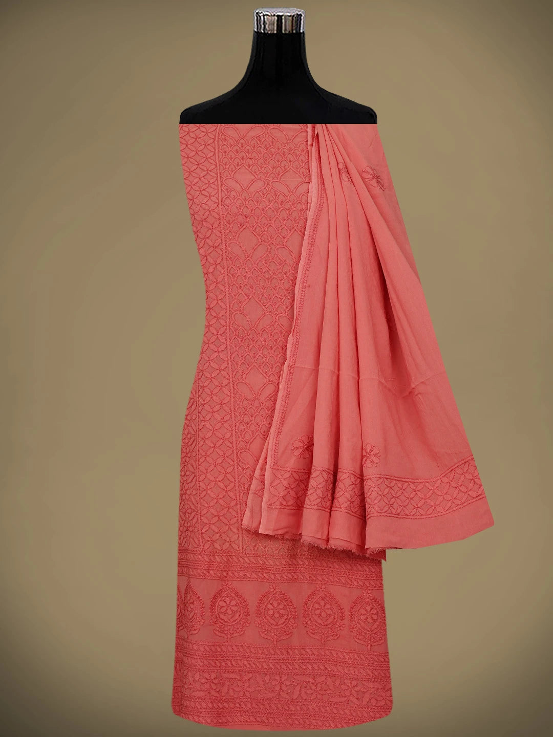 Ada Hand Embroidered Carrot Pink Viscose Georgette Lucknowi Chikankari Unstitched Kurta Dupatta Set 01A965036