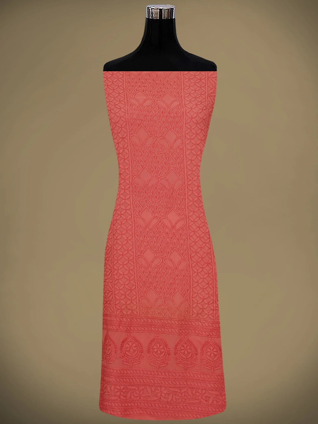 Ada Hand Embroidered Carrot Pink Viscose Georgette Lucknowi Chikankari Unstitched Kurta Dupatta Set 01A965036