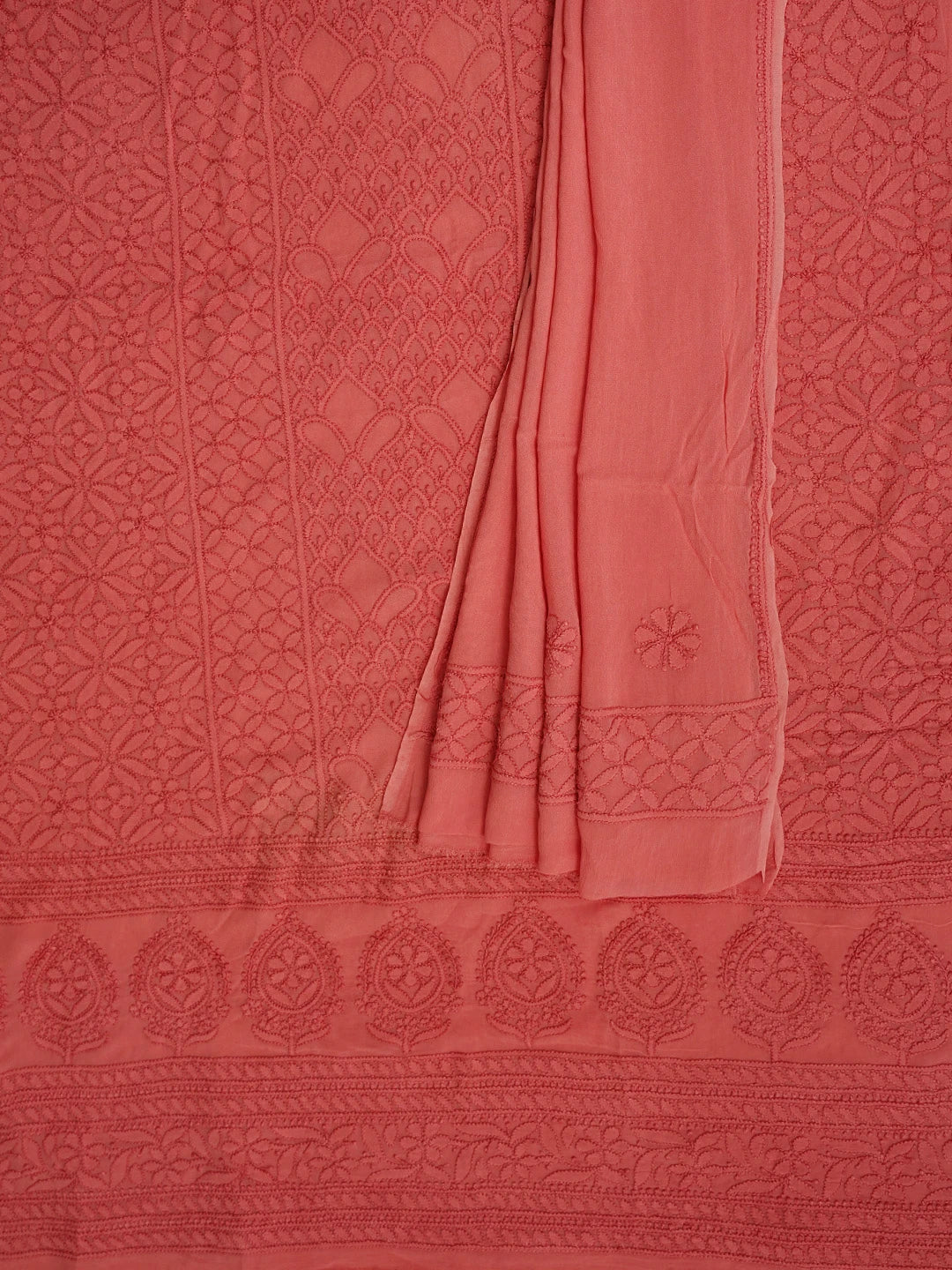Ada Hand Embroidered Carrot Pink Viscose Georgette Lucknowi Chikankari Unstitched Kurta Dupatta Set 01A965036