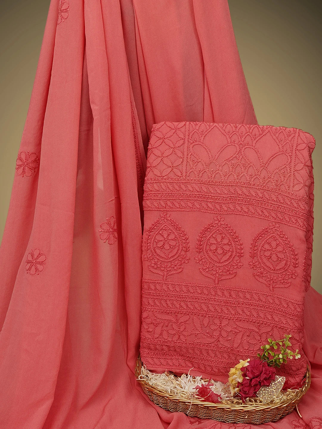 Ada Hand Embroidered Carrot Pink Viscose Georgette Lucknowi Chikankari Unstitched Kurta Dupatta Set 01A965036