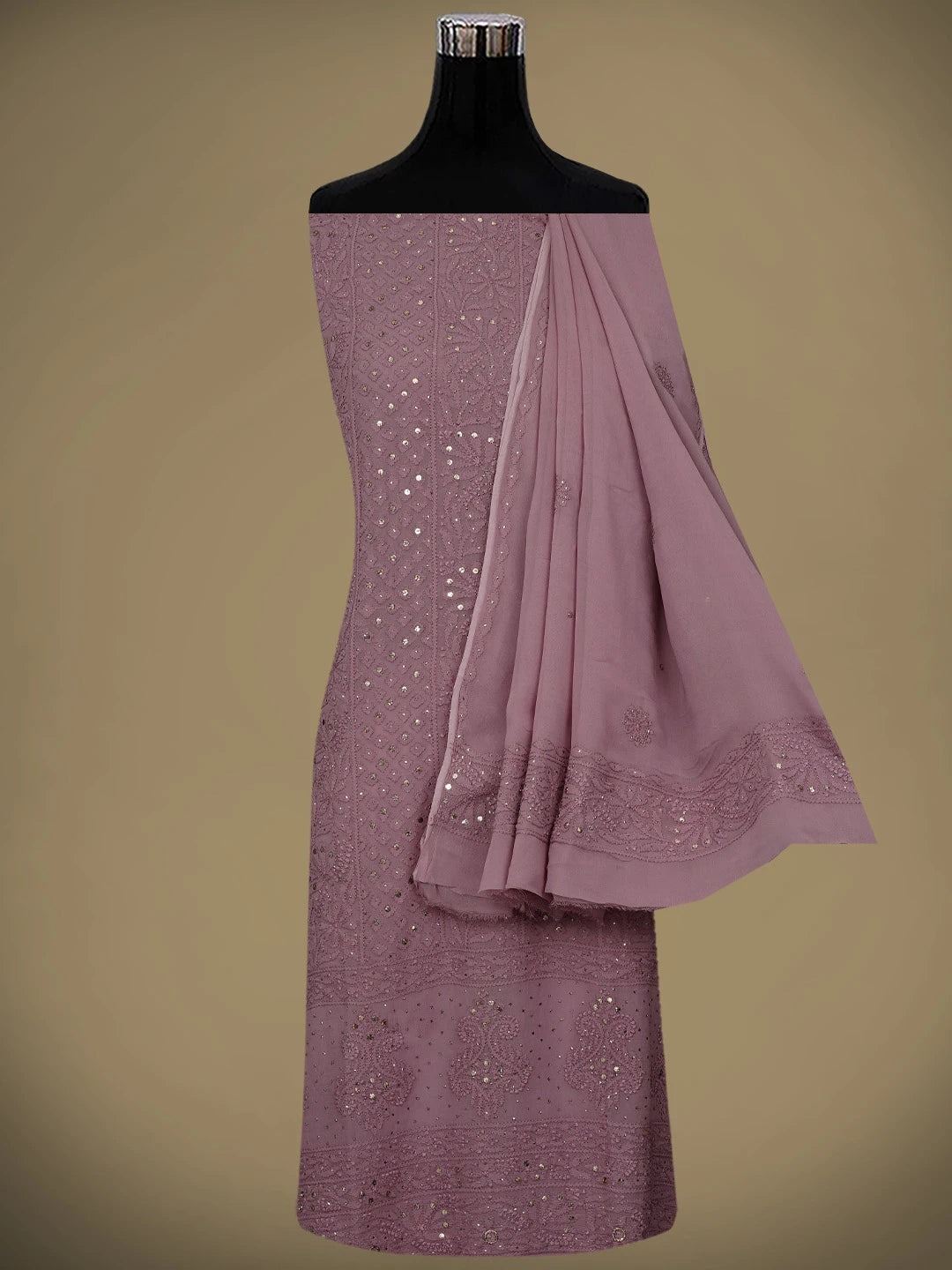 Ada Hand Embroidered Onion Pink Viscose Georgette Lucknowi Chikankari Unstitched Kurta Dupatta Set With Mukaish/Muqaish Work 01A967034