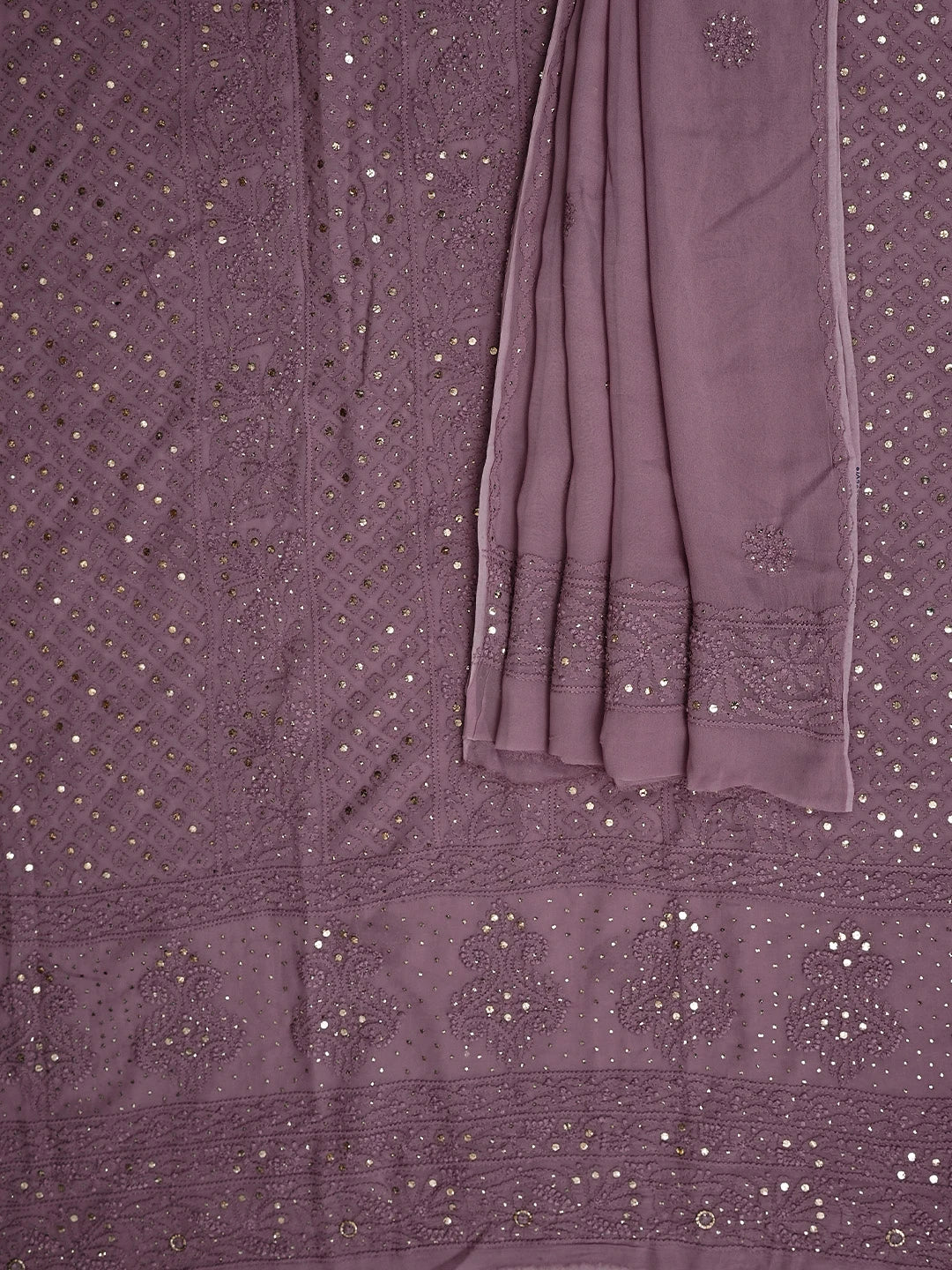 Ada Hand Embroidered Onion Pink Viscose Georgette Lucknowi Chikankari Unstitched Kurta Dupatta Set With Mukaish/Muqaish Work 01A967034