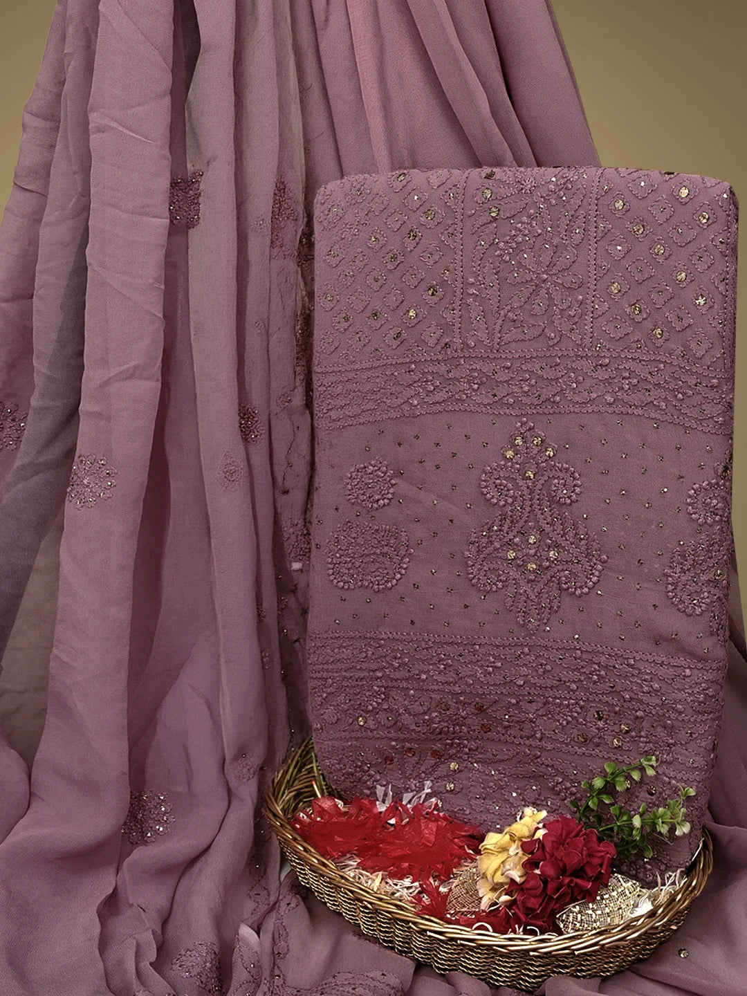 Ada Hand Embroidered Onion Pink Viscose Georgette Lucknowi Chikankari Unstitched Kurta Dupatta Set With Mukaish/Muqaish Work 01A967034