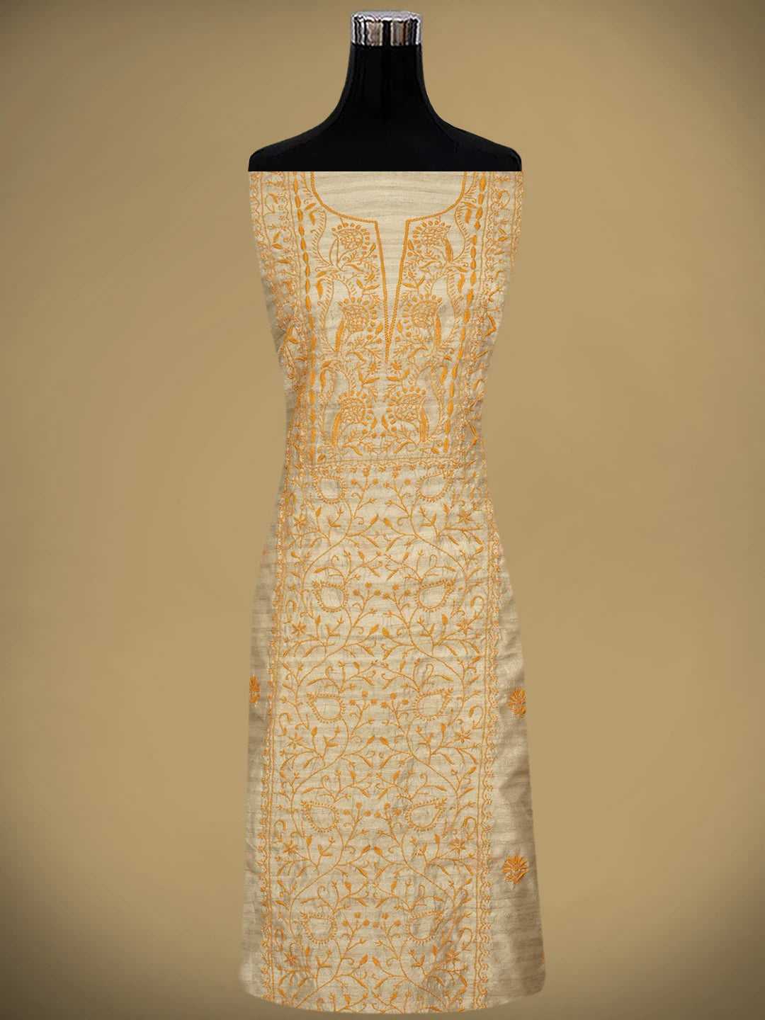 Ada Hand Embroidered Fawn Silk Lucknowi Chikankari Unstitched Kurta Dupatta Set 01A958725