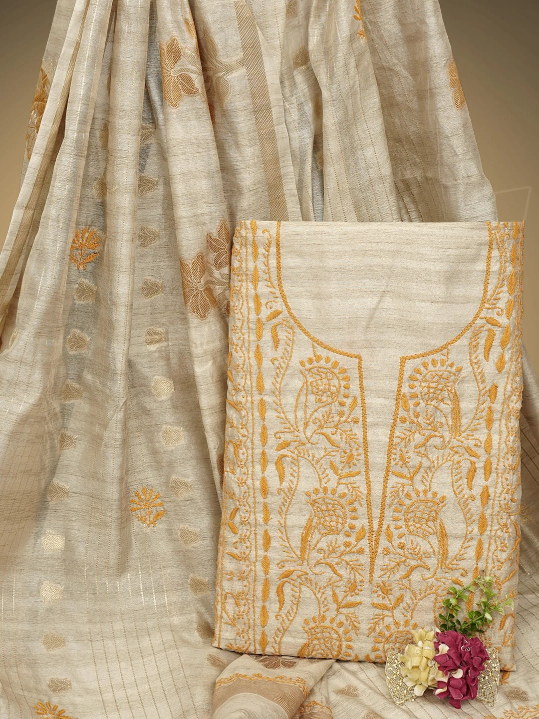 Ada Hand Embroidered Fawn Silk Lucknowi Chikankari Unstitched Kurta Dupatta Set 01A958725