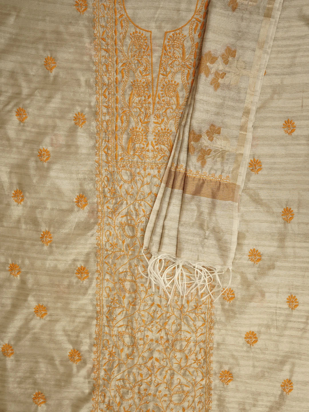 Ada Hand Embroidered Fawn Silk Lucknowi Chikankari Unstitched Kurta Dupatta Set 01A958725